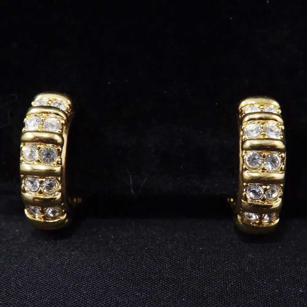 Swarovski Clear Rhinestone Half Hoop Clip On Earrings, Gold Tone, 1990s Vintage